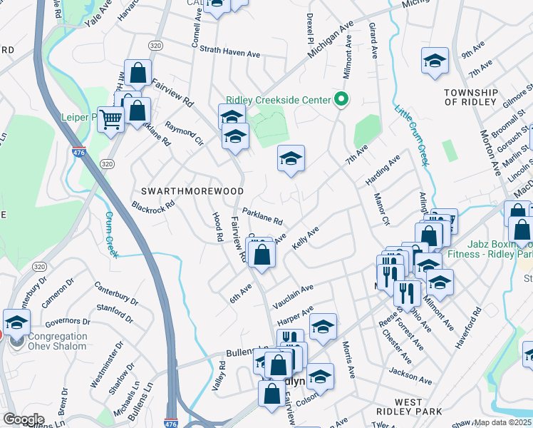map of restaurants, bars, coffee shops, grocery stores, and more near 726 Parklane Road in Swarthmore