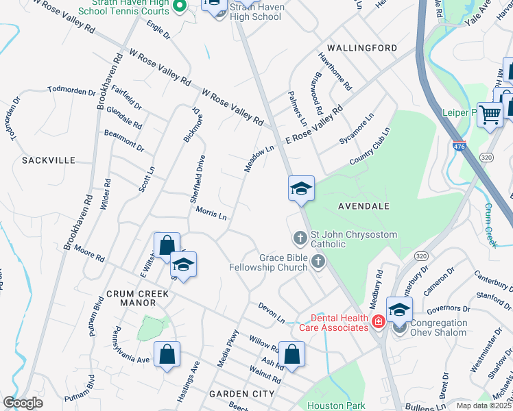map of restaurants, bars, coffee shops, grocery stores, and more near 604 Bowers Lane in Nether Providence Township