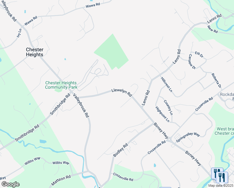 map of restaurants, bars, coffee shops, grocery stores, and more near 301 Llewelyn Road in Chester Heights