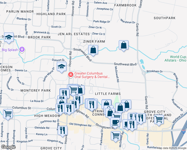 map of restaurants, bars, coffee shops, grocery stores, and more near 2346 Sonora Drive in Grove City