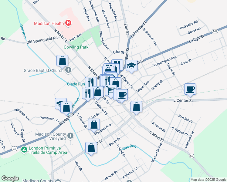 map of restaurants, bars, coffee shops, grocery stores, and more near 56 South Oak Street in London