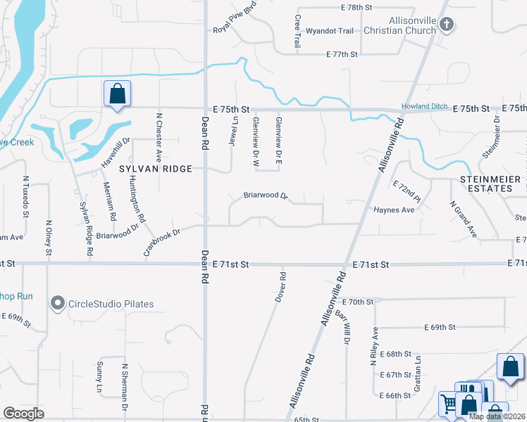 map of restaurants, bars, coffee shops, grocery stores, and more near 4211 Cranbrook Drive in Indianapolis
