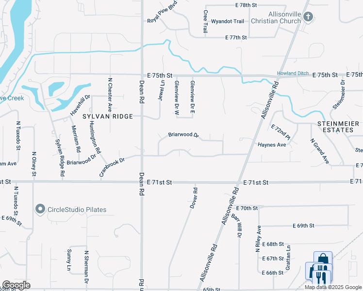 map of restaurants, bars, coffee shops, grocery stores, and more near 4211 Cranbrook Drive in Indianapolis