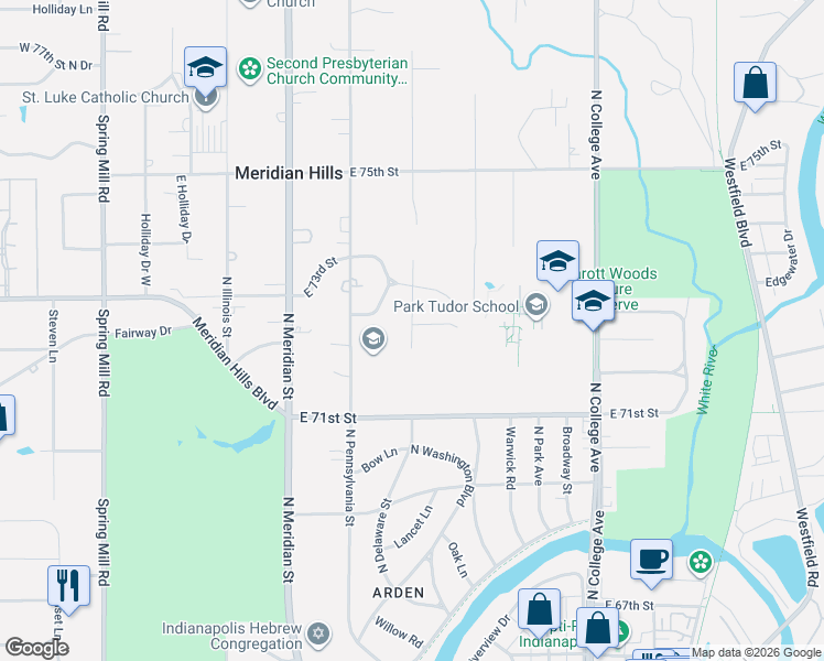 map of restaurants, bars, coffee shops, grocery stores, and more near 7171 North Washington Boulevard in Indianapolis