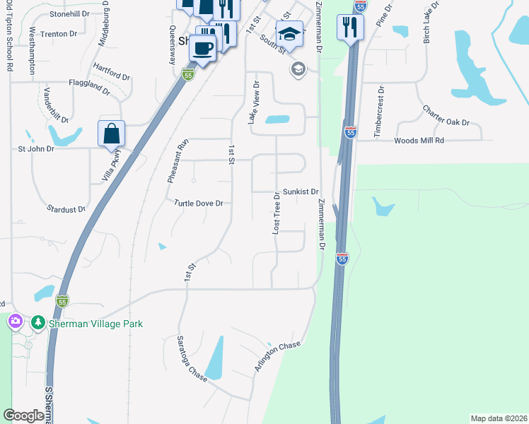 map of restaurants, bars, coffee shops, grocery stores, and more near Parkview Drive in Sherman