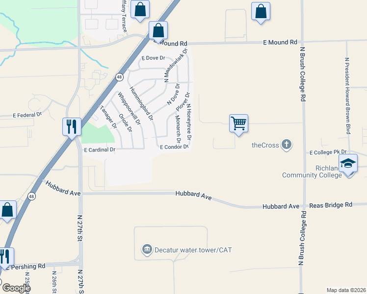 map of restaurants, bars, coffee shops, grocery stores, and more near East Condor Drive in Decatur