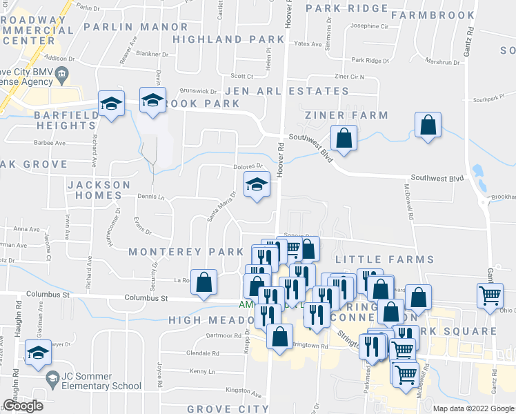 map of restaurants, bars, coffee shops, grocery stores, and more near 2584 Dennis Lane in Grove City