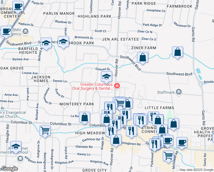 map of restaurants, bars, coffee shops, grocery stores, and more near 2584 Dennis Lane in Grove City