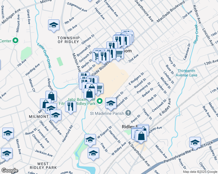 map of restaurants, bars, coffee shops, grocery stores, and more near 123 East Rodgers Street in Ridley Park
