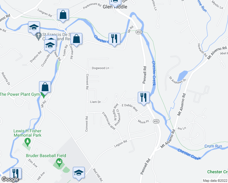 map of restaurants, bars, coffee shops, grocery stores, and more near 300 Wexford Court in Aston