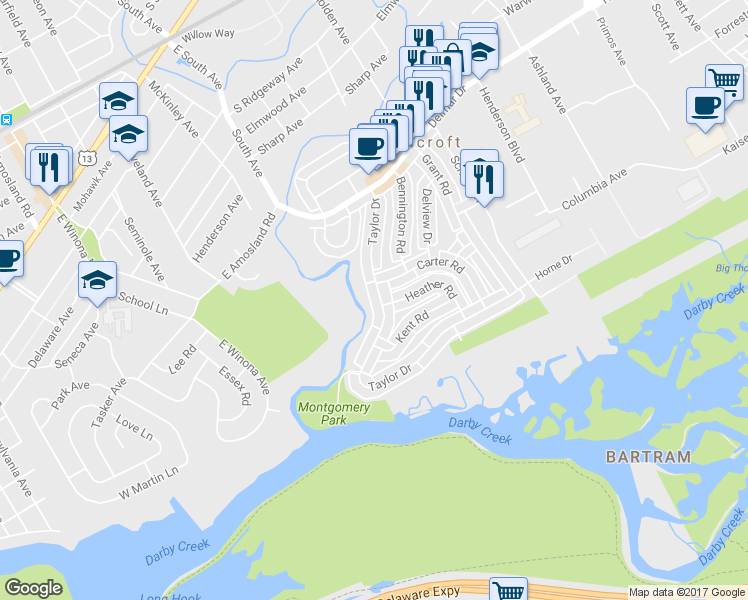 map of restaurants, bars, coffee shops, grocery stores, and more near 844 Taylor Drive in Folcroft