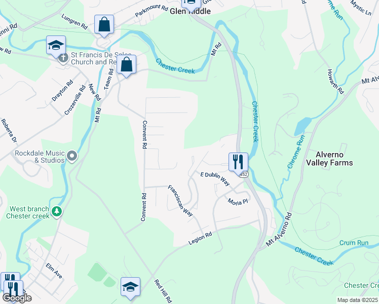 map of restaurants, bars, coffee shops, grocery stores, and more near 302 Wexford Court in Delaware County
