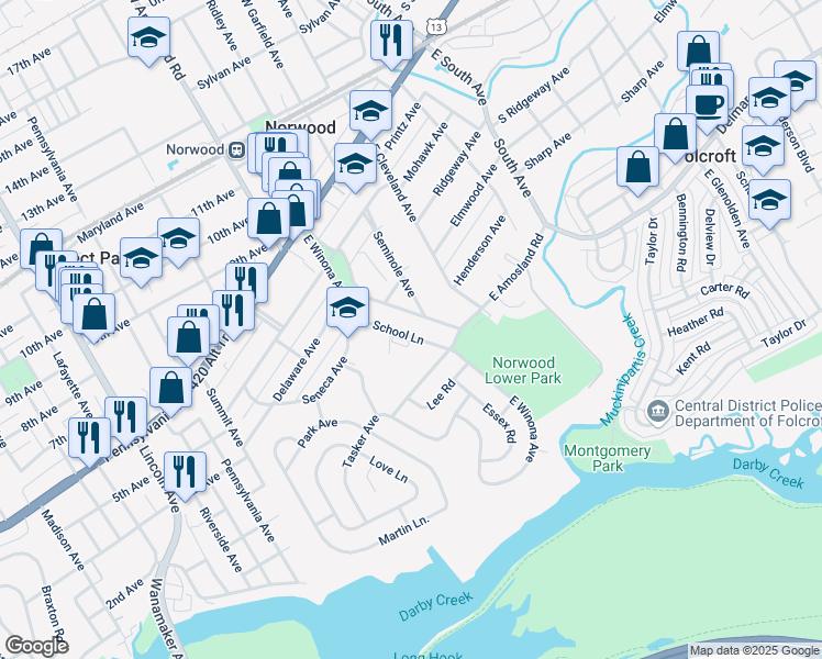 map of restaurants, bars, coffee shops, grocery stores, and more near 267 School Lane in Norwood