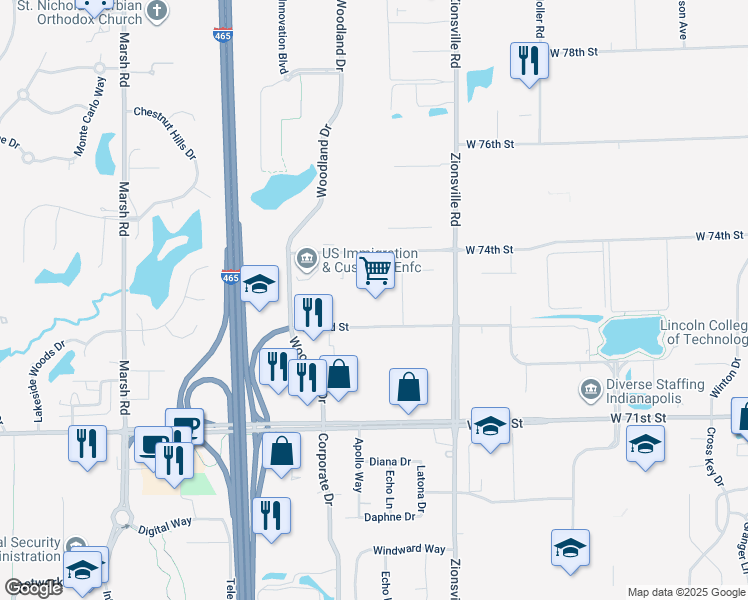 map of restaurants, bars, coffee shops, grocery stores, and more near 5846 West 73rd Street in Indianapolis