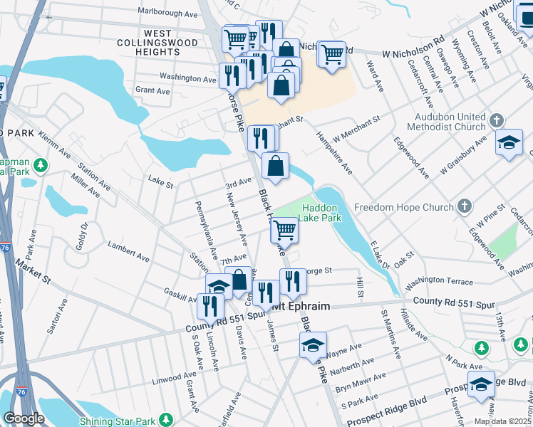 map of restaurants, bars, coffee shops, grocery stores, and more near 519 North Black Horse Pike in Mount Ephraim