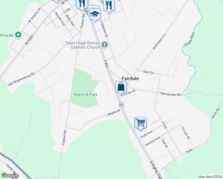 map of restaurants, bars, coffee shops, grocery stores, and more near 441 Pennsylvania 88 in Carmichaels