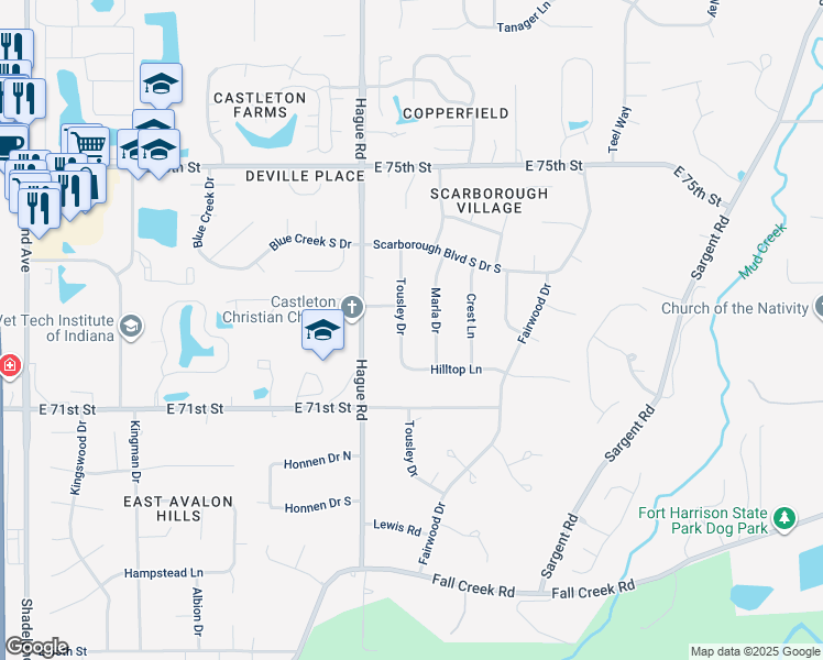 map of restaurants, bars, coffee shops, grocery stores, and more near 7251 Tousley Drive in Indianapolis