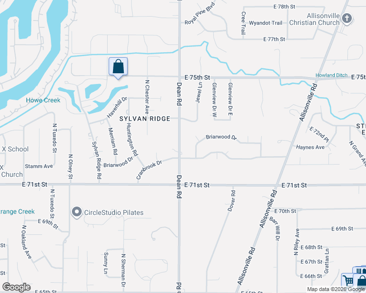 map of restaurants, bars, coffee shops, grocery stores, and more near 7251 Dean Road in Indianapolis