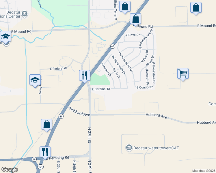 map of restaurants, bars, coffee shops, grocery stores, and more near 17 Tanager Drive in Decatur