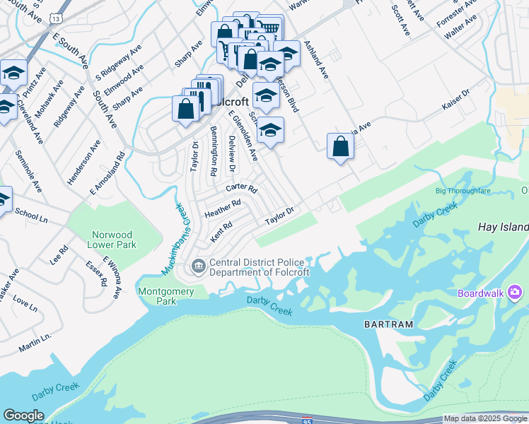 map of restaurants, bars, coffee shops, grocery stores, and more near 1897 Carter Road in Folcroft