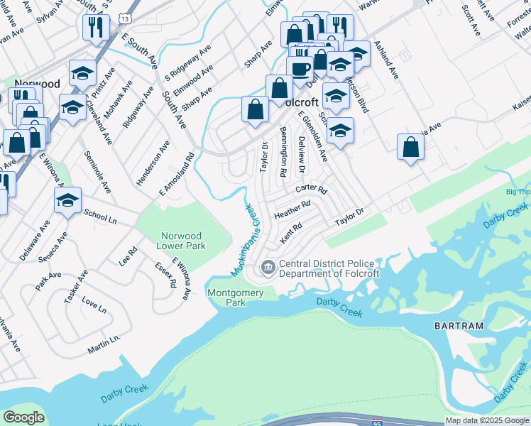 map of restaurants, bars, coffee shops, grocery stores, and more near 844 Taylor Drive in Folcroft