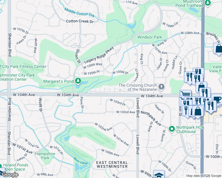map of restaurants, bars, coffee shops, grocery stores, and more near 3975 West 104th Drive in Westminster