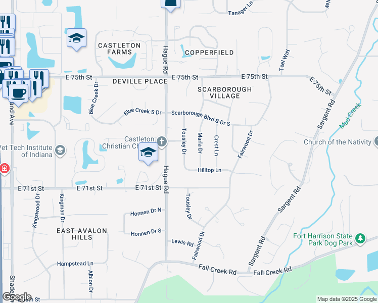 map of restaurants, bars, coffee shops, grocery stores, and more near 7251 Tousley Drive in Indianapolis