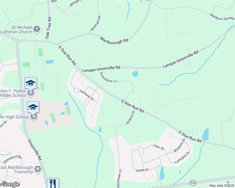 map of restaurants, bars, coffee shops, grocery stores, and more near 6 Greenbriar Lane in Kennett Square