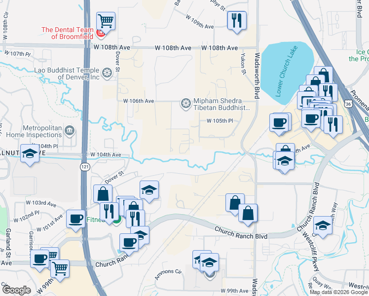 map of restaurants, bars, coffee shops, grocery stores, and more near 10427 Ammons Street in Westminster