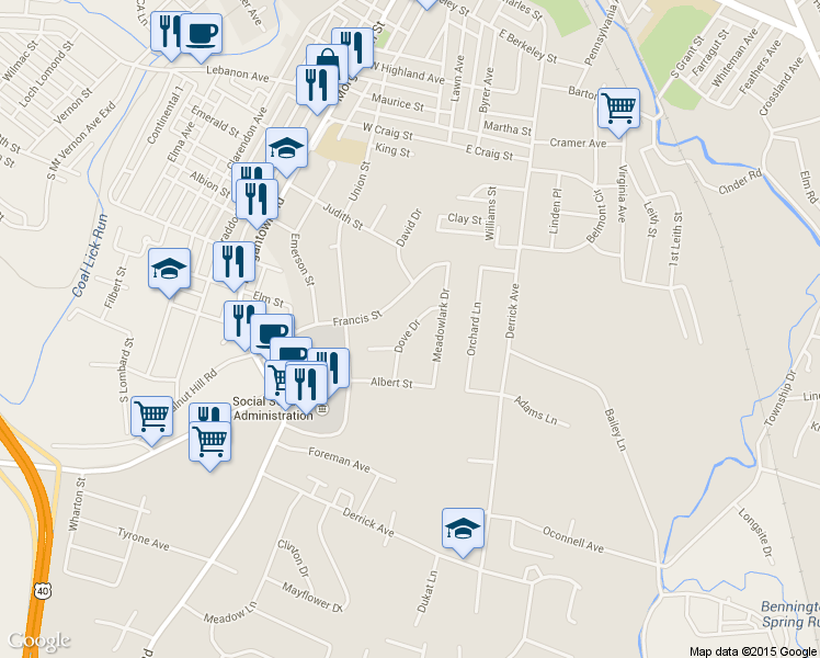 map of restaurants, bars, coffee shops, grocery stores, and more near 411 Dove Drive in Uniontown