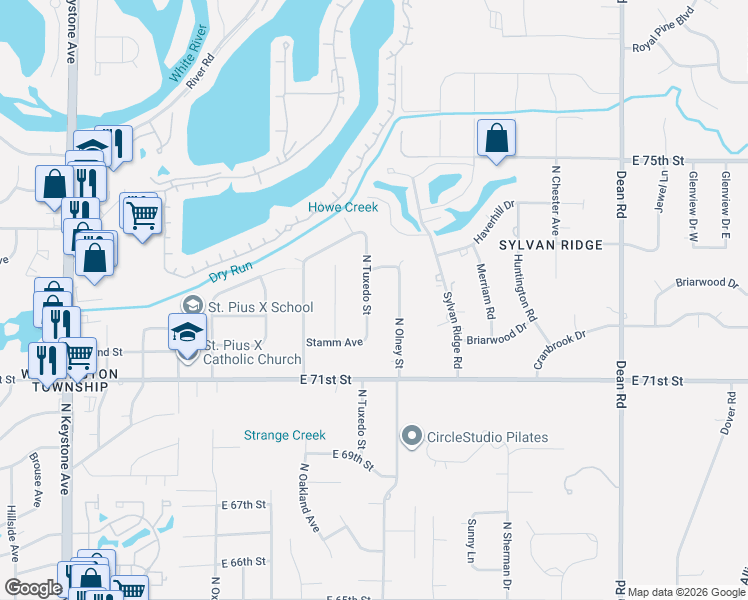 map of restaurants, bars, coffee shops, grocery stores, and more near 7243 North Tuxedo Street in Indianapolis