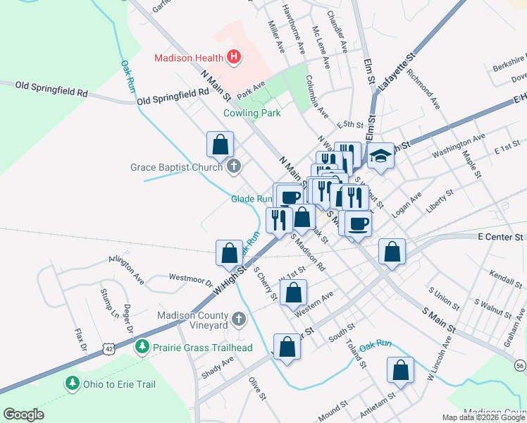 map of restaurants, bars, coffee shops, grocery stores, and more near 37 North Madison Road in London