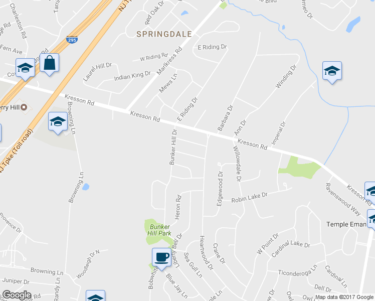 map of restaurants, bars, coffee shops, grocery stores, and more near 1613 Mayflower Lane in Cherry Hill
