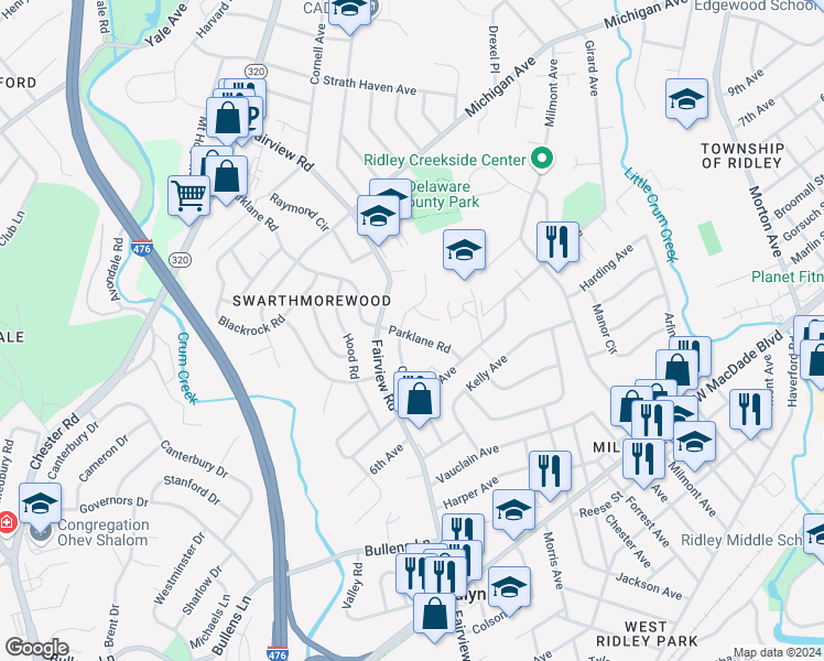 map of restaurants, bars, coffee shops, grocery stores, and more near 736 Parklane Road in Swarthmore