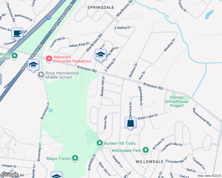 map of restaurants, bars, coffee shops, grocery stores, and more near 1613 Mayflower Lane in Cherry Hill