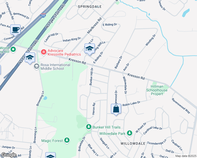 map of restaurants, bars, coffee shops, grocery stores, and more near 1604 Plymouth Rock Drive in Cherry Hill