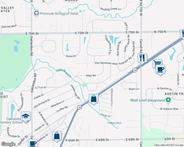 map of restaurants, bars, coffee shops, grocery stores, and more near 12326 Riley Road in Indianapolis