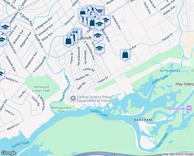 map of restaurants, bars, coffee shops, grocery stores, and more near 1901 Carter Road in Folcroft