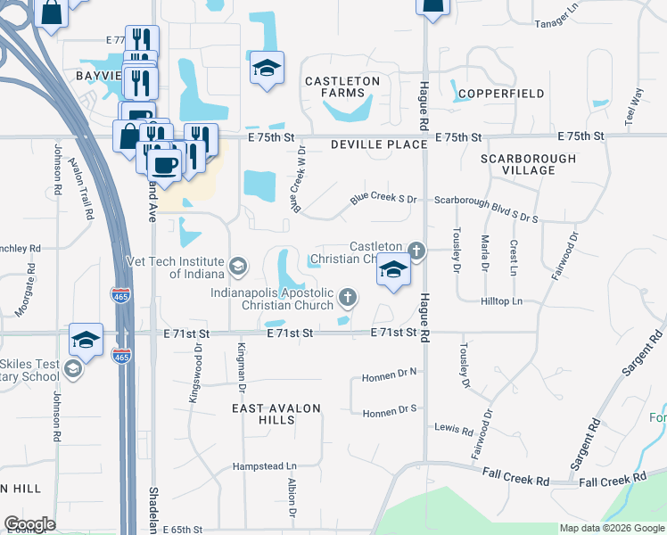 map of restaurants, bars, coffee shops, grocery stores, and more near 7431 Sedgewick Way in Indianapolis