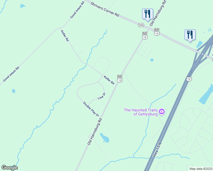 map of restaurants, bars, coffee shops, grocery stores, and more near 137 Line Drive in Gettysburg