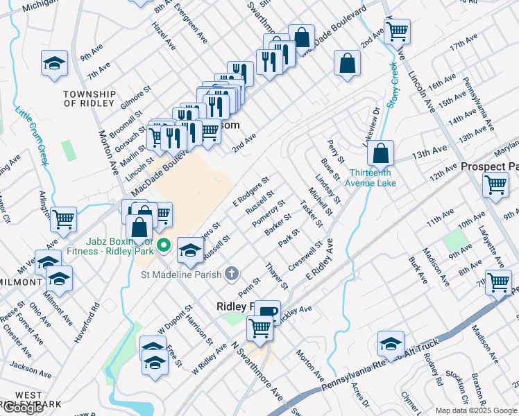 map of restaurants, bars, coffee shops, grocery stores, and more near 326 Russell Street in Ridley Park