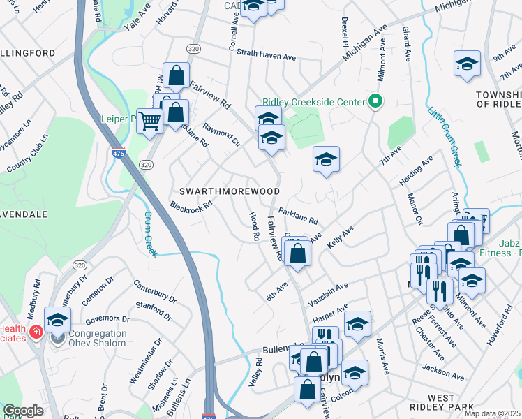 map of restaurants, bars, coffee shops, grocery stores, and more near 1310 Parklane Road in Woodlyn