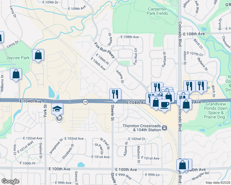 map of restaurants, bars, coffee shops, grocery stores, and more near 3155 East 104th Avenue in Thornton