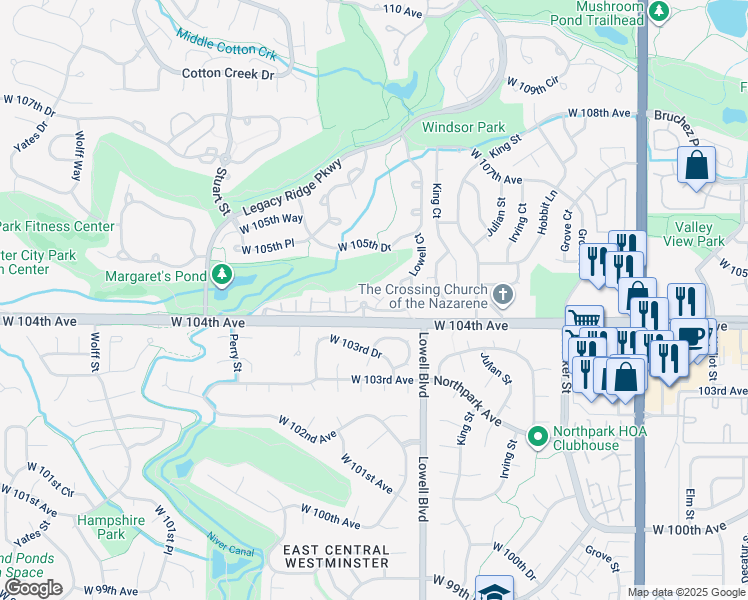 map of restaurants, bars, coffee shops, grocery stores, and more near 10467 Lowell Court in Westminster