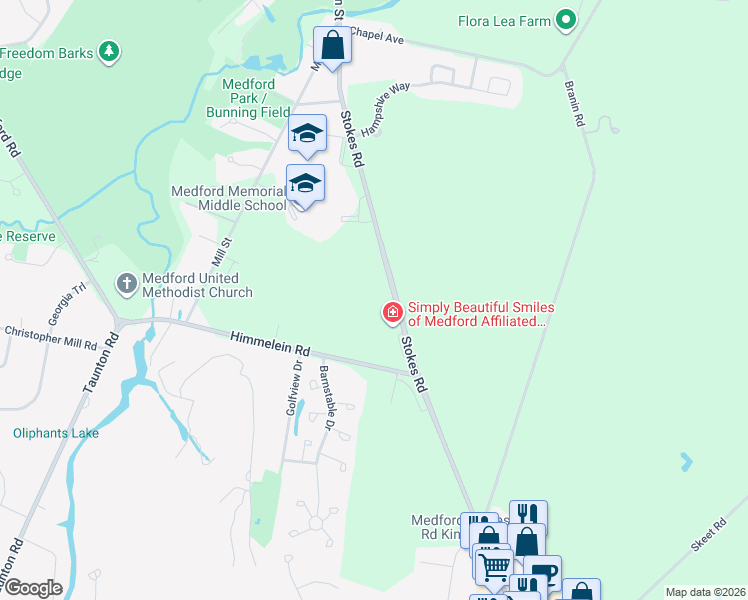 map of restaurants, bars, coffee shops, grocery stores, and more near 326 Stokes Road in Medford