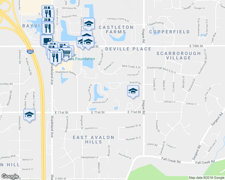 map of restaurants, bars, coffee shops, grocery stores, and more near 7431 Sedgewick Way in Indianapolis