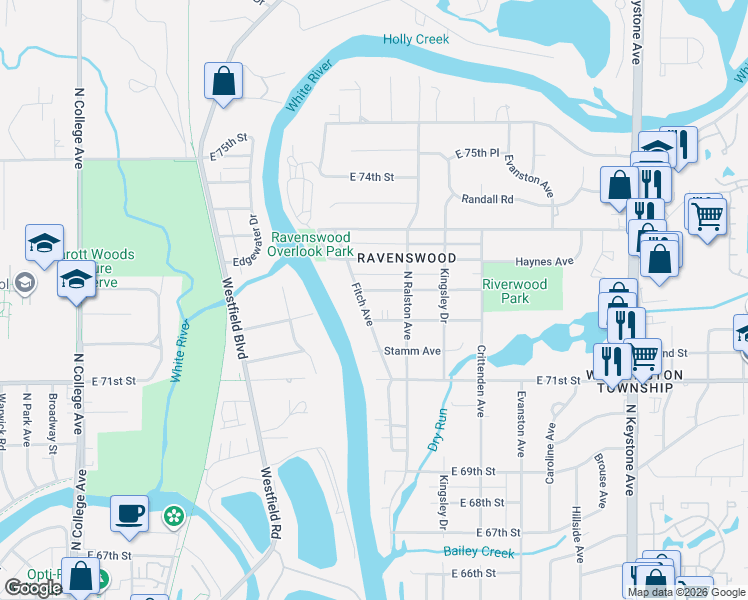 map of restaurants, bars, coffee shops, grocery stores, and more near 1530 Haynes Avenue in Indianapolis