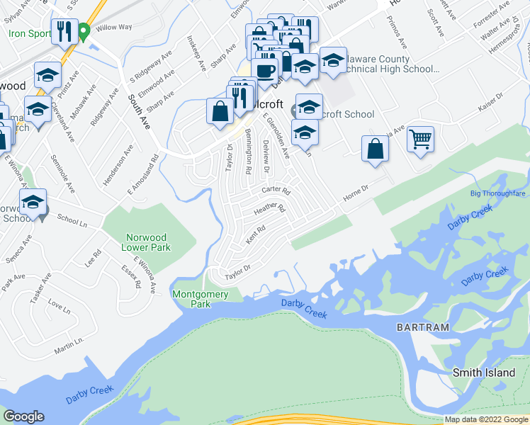 map of restaurants, bars, coffee shops, grocery stores, and more near 2041 Heather Road in Folcroft