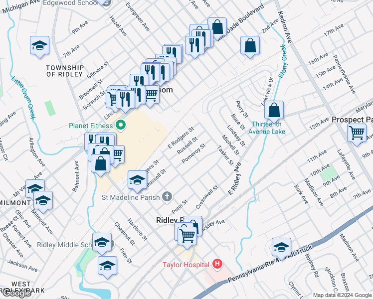 map of restaurants, bars, coffee shops, grocery stores, and more near 326 Russell Street in Ridley Park