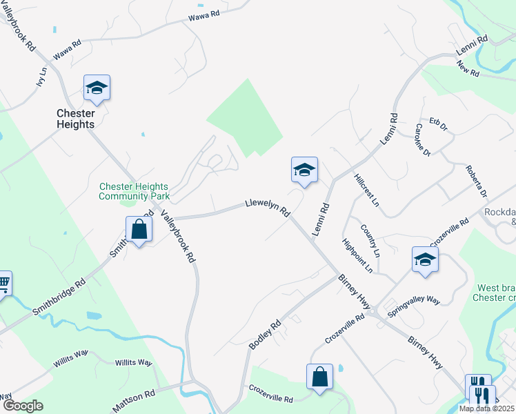 map of restaurants, bars, coffee shops, grocery stores, and more near 301 Llewelyn Road in Chester Heights